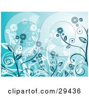 Poster, Art Print Of Flowering Plants In White And Blue Over A Blue Background With A Bright Light