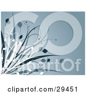 Clipart Illustration Of White And Blue Grasses Growing Over A Gradient Grayish Blue Background