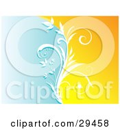 Clipart Illustration Of A White Silhouetted Leafy Plant Curving And Dividing A Background Of Blue And Orange