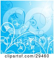 Clipart Illustration Of A Gradient Blue Background With White And Blue Flowers On Curling Plants