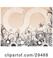 Clipart Illustration Of Dark Brown Circles And Plants With Flowers On A Brown Background With Faded Leaves