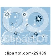 Clipart Illustration Of A Blue Background With White And Blue Star Shaped Flowers With Sparkling Stems And Faded Swirls