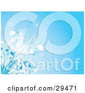Clipart Illustration Of A White And Blue Leafy Plants And Bursts Of Light On A Blue Background With Light Rays