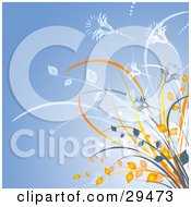 Clipart Illustration Of A Cluster Of Orange Leaves And Blue And White Plants And Flowers Over A Blue Background