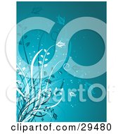 Clipart Illustration Of White And Blue Plants With Flowers At The Tips Growing Over A Blue Background