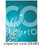 Poster, Art Print Of White And Blue Plants With Flowers At The Tips Growing Over A Blue Background