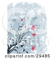 Clipart Illustration Of A Grunge Background Of Red Flowers On White Gray And Dark Blue Stems With White Grunge Cuts And Splatters