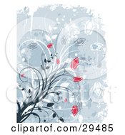 Poster, Art Print Of Grunge Background Of Red Flowers On White Gray And Dark Blue Stems With White Grunge Cuts And Splatters