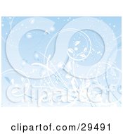 Clipart Illustration Of A Sparkly Blue Floral Background Of White Grasses Curling