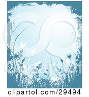 Clipart Illustration Of A Blue Background Bordered By Grunge And Blue And White Plants