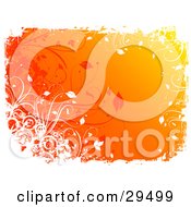 Clipart Illustration Of A Gradient Orange And Yellow Background Bordered By White Grunge Circles And Vines