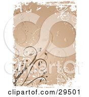 Poster, Art Print Of Brown Curling Vines Over A Brown Background With Splatters Bordered By White Grunge