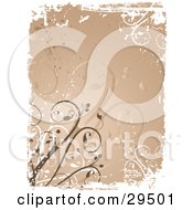 Clipart Illustration Of A Brown Curling Vines Over A Brown Background With Splatters Bordered By White Grunge
