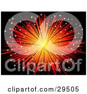 Poster, Art Print Of Burst Of Red And Orange Light With Tiny Stars On A Black Background