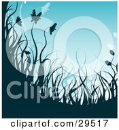 Clipart Illustration Of A Gradient Blue Background With Dark And Light Blue Grasses