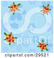 Clipart Illustration Of Four Cute Turtles Over A Blue Background With Daisy Flower Designs by KJ Pargeter