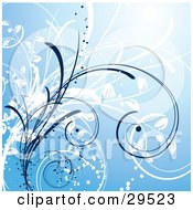 Clipart Illustration Of Sparkling White And Blue Curling Grasses Over A Gradient White To Blue Background
