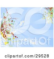 Poster, Art Print Of Blue Background With Rays Of Light And White Grunge Splatters Decorated With Green Red And Yellow Circles And Grasses