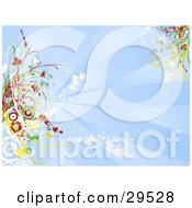 Clipart Illustration Of A Blue Background With Rays Of Light And White Grunge Splatters Decorated With Green Red And Yellow Circles And Grasses