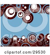 Poster, Art Print Of Blue Background Bordered With Deep Red White And Blue Circle Patterns Along The Top And Bottom Edges