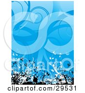 Clipart Illustration Of Black And White Grunge And Vines Along The Bottom Edge Of A Blue Background With Curly Vines