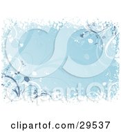 Clipart Illustration Of A Blue Background Bordered By White Grunge Snow And Blue Plants