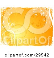 Clipart Illustration Of An Orange Background Bordered By White And Faded Grunge Grasses And Flowers