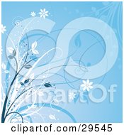 Clipart Illustration Of White And Blue Curling Vines Flowers And Sparkling Grasses Over A Blue Background