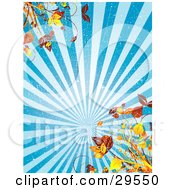 Poster, Art Print Of Scratched Grunge Background Of Blue Rays Of Light With Autumn Foliage In The Corners