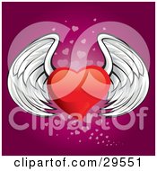 Poster, Art Print Of Winged Red Heart Flying Over A Gradient Pink Background Of Faded Small Hearts