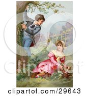 Vintage Victorian Scene Of A Little Boy Climbing A Tree While Showing Off For A Girl As She Picks Flowers In A Garden Circa 1890
