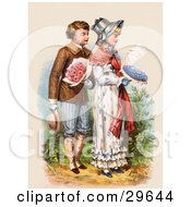 Vintage Victorian Scene Of A Boy Carrying Flowers And Walking Behind A Girl As She Reads A Love Letter Circa 1886