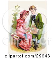 Vintage Victorian Scene Of A Sweet Young Boy Giving A Girl A Basket Of Flowers For Her To Make Wreaths With Circa 1886