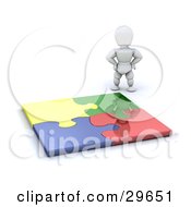 Poster, Art Print Of White Character Standing Proudly Over A Completed Colorful Puzzle