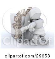 Poster, Art Print Of White Character Trying To Close The Door To A Safe With Money Sticking Out