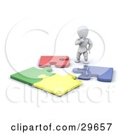 Poster, Art Print Of White Character Standing And Looking Down At An Incomplete Colorful Jigsaw Puzzle