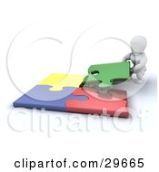 Poster, Art Print Of White Character Crouching To Fit The Last Piece Of A Colorful Jigsaw Puzzle