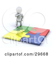 Poster, Art Print Of White Character Looking Down At A Completed Colorful Puzzle