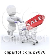Poster, Art Print Of White Character Running And Pushing A Sale Plaque In A Shopping Cart