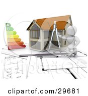 Poster, Art Print Of White Character Resting Against A Compass By A House With An Energy Rating Graph On Blueprints With Rulers And A Pen