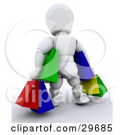 Poster, Art Print Of White Character Carrying Handfuls Of Colorful Shopping Or Gift Bags