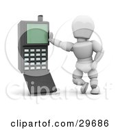 Clipart Illustration Of A White Character Leaning Against A Black Old Fashioned Cell Phone by KJ Pargeter