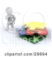 Poster, Art Print Of White Character Touching His Chin And Looking At A Stack Of Puzzle Pieces