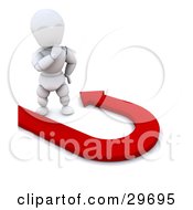 Poster, Art Print Of Thinking White Character Standing By A Red Arrow Forming A U Turn