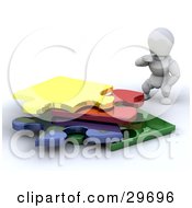 Poster, Art Print Of White Character Crouching And Looking At Colorful Pieces To A Puzzle