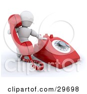 Poster, Art Print Of White Character Holding Up A Red Landline Telephone Receiver While Making A Call