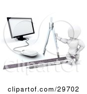 Clipart Illustration Of A White Character Leaning On A Compass Over A Pen And Ruler In Front Of A Computer