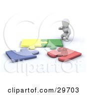 Poster, Art Print Of White Character Crouching And Trying To Assemble A Puzzle