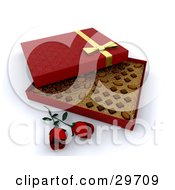 Poster, Art Print Of Two Red Roses Resting In Front Of An Open Box Of Valentines Day Chocolates