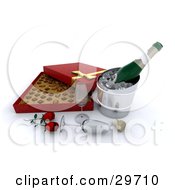 Poster, Art Print Of Bottle Of Bubbly Chilling On Ice By Two Wine Glasses A Cork Red Roses And A Box Of Chocolates